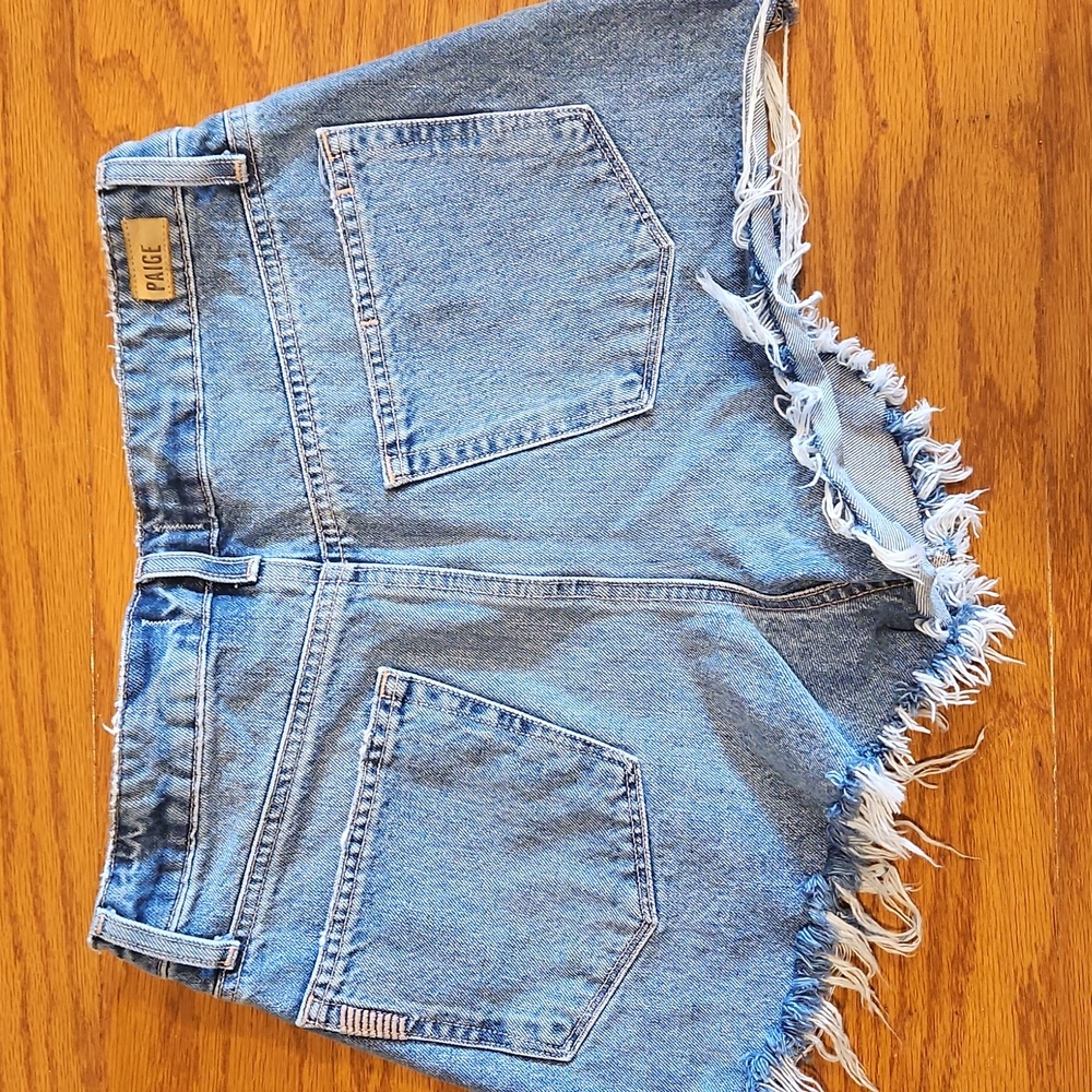 PAIGE Blue Distressed Jean Shorts - Picture 5 of 8